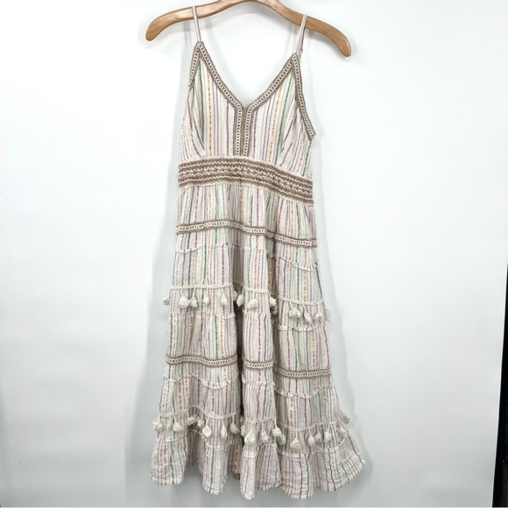 Me 2 Magic White Rainbow Metallic Striped Tassel Tiered Dress